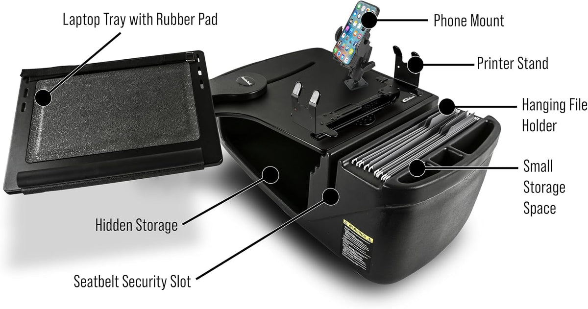 AutoExec Reach Desk Front Seat Car Desk and Portable Workstation with Phone Mount, Printer Stand and Phone Vent Clip, Black