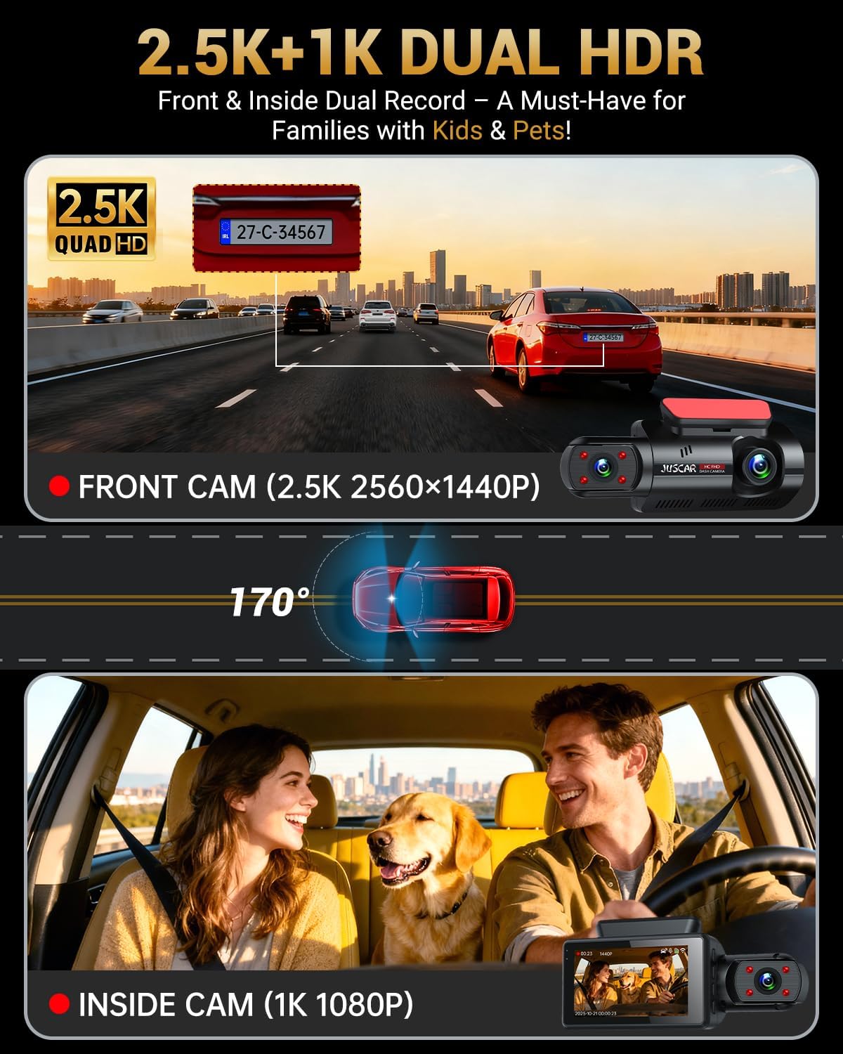 2.5K+1K Dual Dash Cam Front and Inside with GPS WiFi, 32GB Card, 24Hr Park