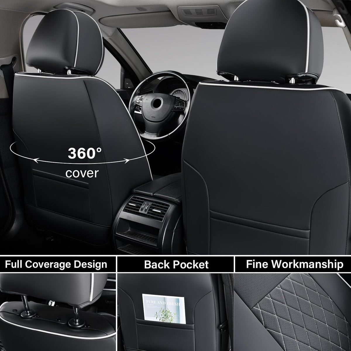 Coverado Tacoma Seat Covers, Car Seat Covers Front Seats, Leather Seat Covers for Cars Car Seat Protector Cushion Tacoma Accessories Custom Fit 2005-2015 Toyota Tacoma Double/Crew Cab(White Line)