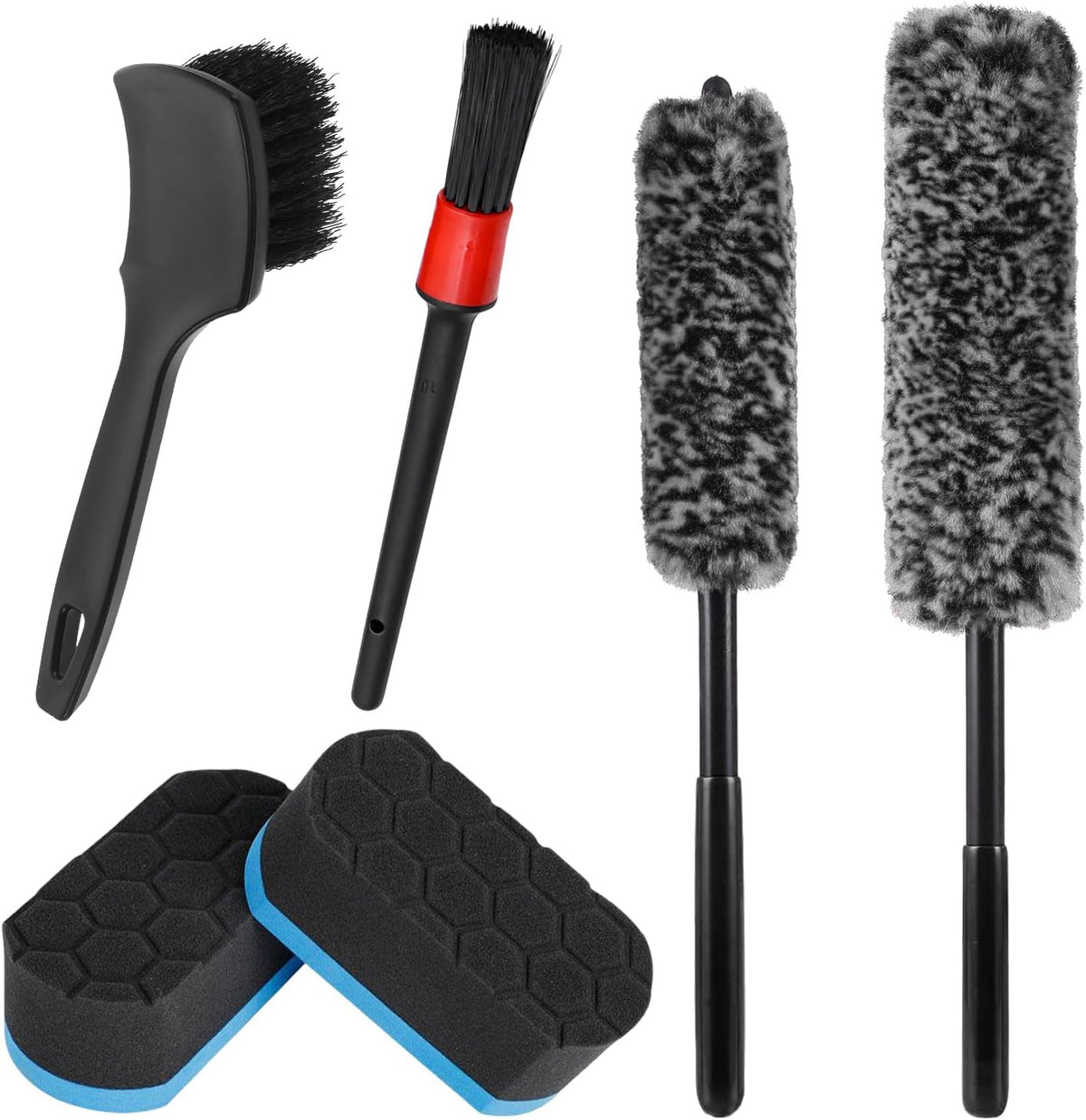 6 PCS Car Wheel Cleaning Pro Kit, Multipurpose Automotive Tire Detailing Brush with Applicator Pads, Scratch-Free Soft-bristled Rim Brush Tire Dressing Pads for Vehicle Cleaning