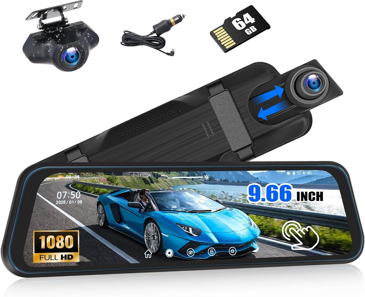 9.66" Mirror Dash Cam Night Vision,1080P Full HD Front and Rear View Mirror Camera for Cars,Dual Lens Cam with Loop Recording Streaming Media Motion Detection Parking Monitor Free 64 GB TF Card