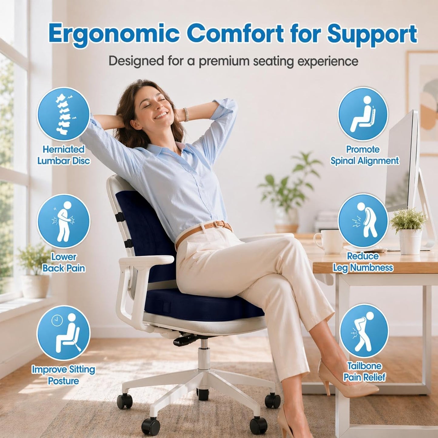 CloudBliss Lumbar Support Pillow & Seat Cushion Set for Office Chair, Desk Chair, Wheelchair & Car – Memory Foam Back Support, Ergonomic Chair Cushions, Sciatica Pain Relief, Home Essentials, Blue