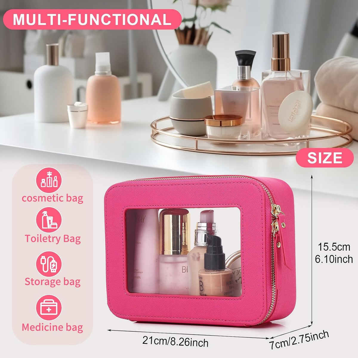 Pinkmik Clear Makeup Bag, (Fuxia, M)