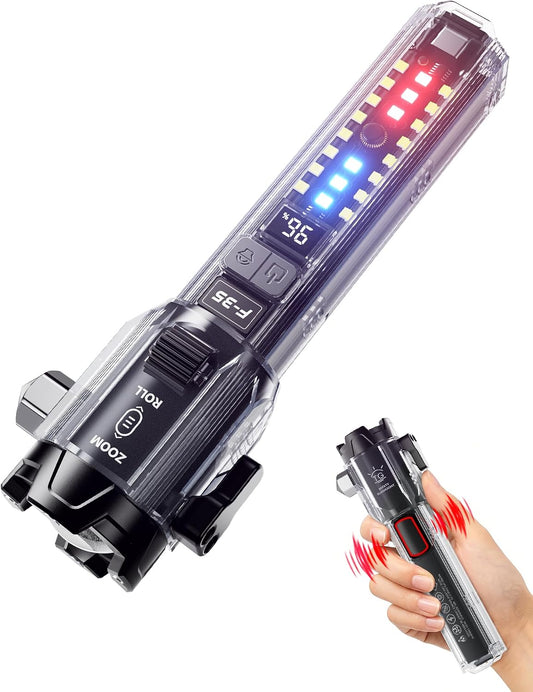 Yemao Car Emergency Flashlight with Seatbelt Cutter & Window Breaker, Tactical EDC Light with Alarm, Focusable Main Beam, Side Work Light, Red Blue Strobe Warning Light for Vehicle Self-Rescue