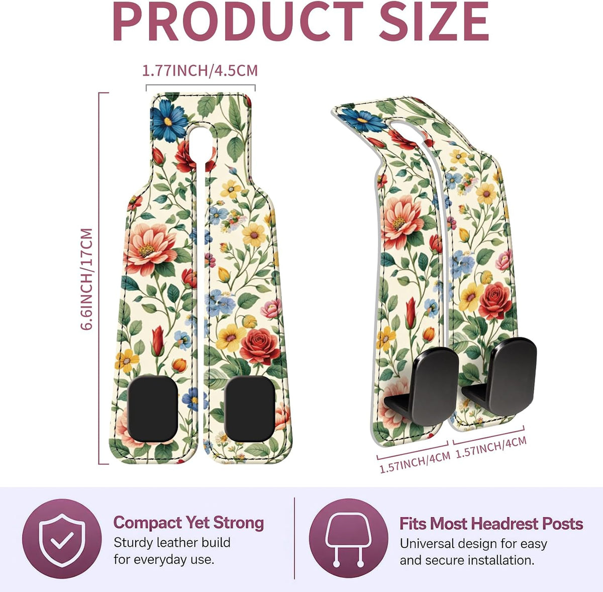 Car Seat Back Storage Hook, Funny Car Purse Hook, Cute Vehicle Storage Organizer for Purses Handbags Botanical Floral Pattern