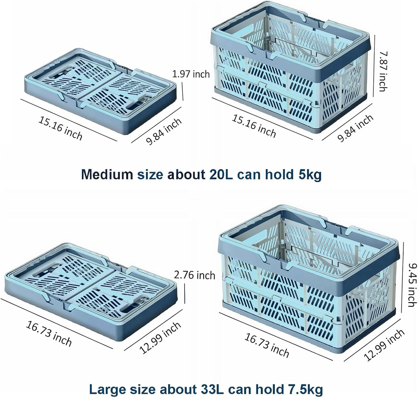 Collapsible Storage Crate with Handles, Milk Crates，33L Foldable Plastic Shopping Basket, Organizer Container for Car Home Pinic (Light blue, Large)