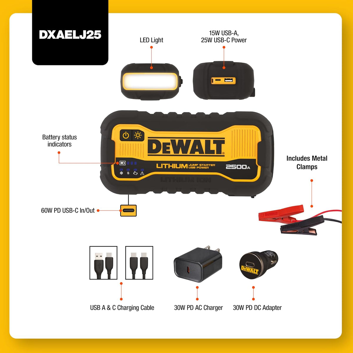 : DEWALT DXAELJ25 2500 Peak Amp Portable Lithium Jump Starter with USB-C (25W, 60W in/Out) and USB-A (15W)