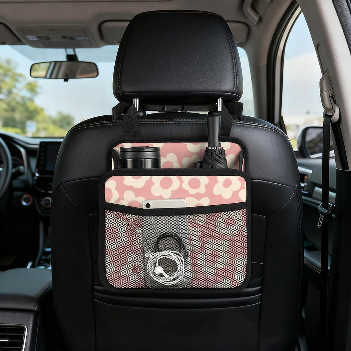Car Backseat Organizer - Cute Aesthetic Car Storage Bin with Mesh Pocket & Reinforced Base - Universal Fit Hanging Seat Back Accessories for Women (Pink)