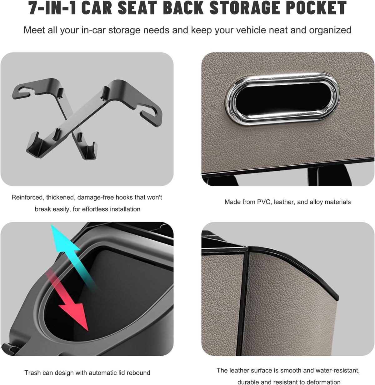 Car Backseat Organizer, 7-In-1 Multifunctional Car Headrest Storage Box with Hook Phone Holder & Cup Holder, Vehicle Hanging Seat Back Organizer for Hold Phone Snacks Drinks (Gray)