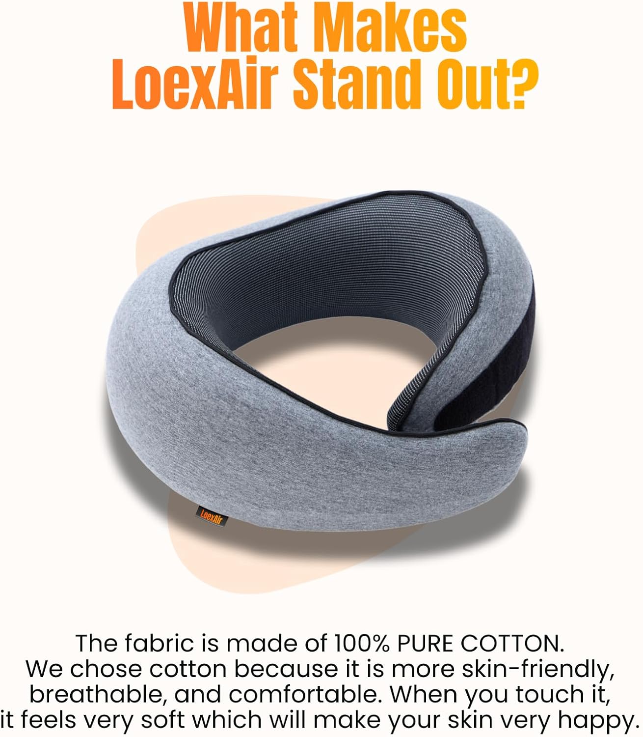 LOEXAIR™ Travel Pillow, Neck Pillow Travel for Airplane, Car - 100% Cotton Fabric & Memory Foam Plane Pillow, Lightweight & Easy-to-Carry on Flight, Full Travel Set (Eye Mask, Earplugs) - Light Grey