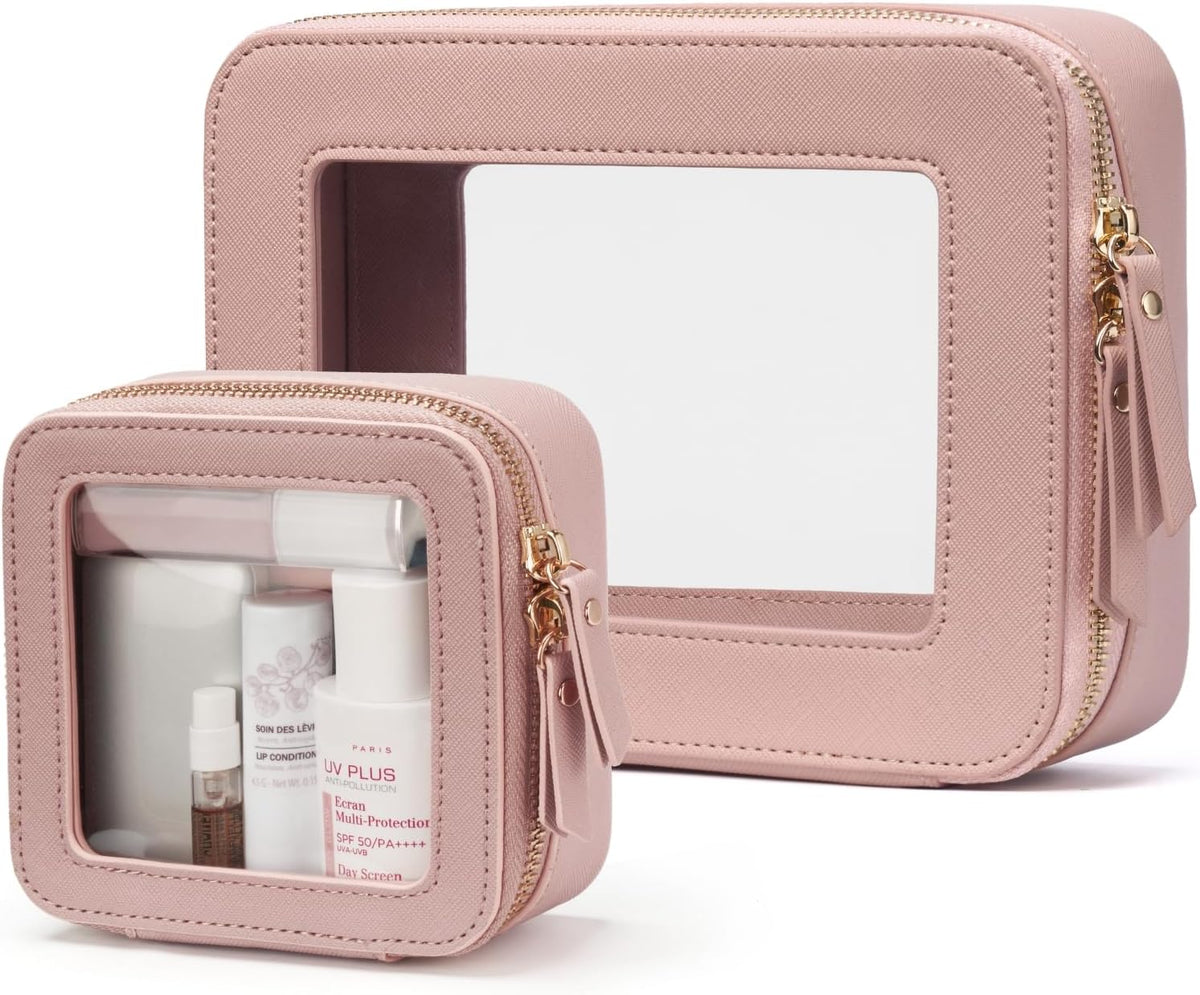 Popvibe Clear Makeup Bag with Zipper, Set of 2, Mini and Medium, Mauve Pink