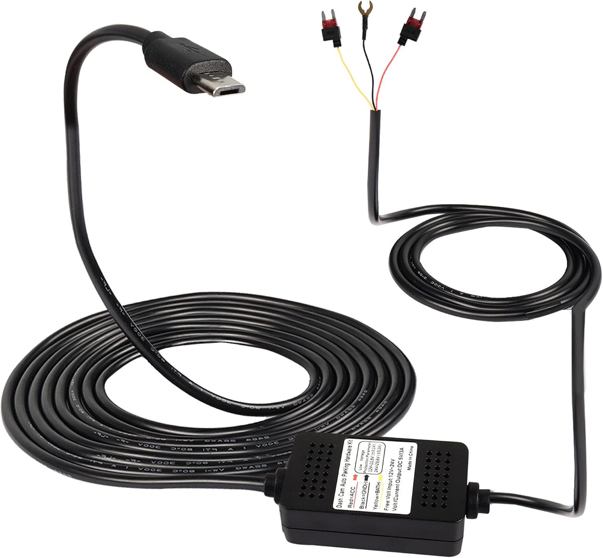 MEIRIYFA Dash Cam Acc Hardwire Kit, USB Type C Hardwire Dashcam Kit Step-Down Cable, 12V-24V to DC 5V 3A Car Dash Charger Power Cord for Cars Camera GPS（11.5FT）
