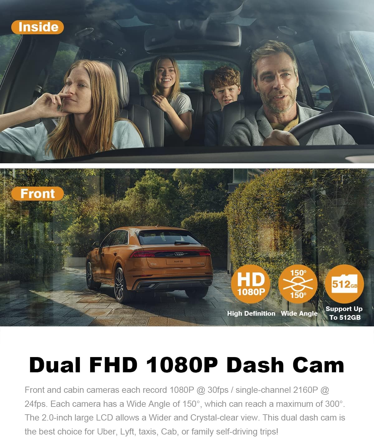 PRUVEEO Dash Cam, Front and Inside 1080P Dual FHD Dash Camera for Cars, Novatek Processor, Single-Channel 2160P, Infrared Night Vision, Built-in WiFi, 24H Parking Monitor Mode, 2 Inch LCD, 512 Gb Max