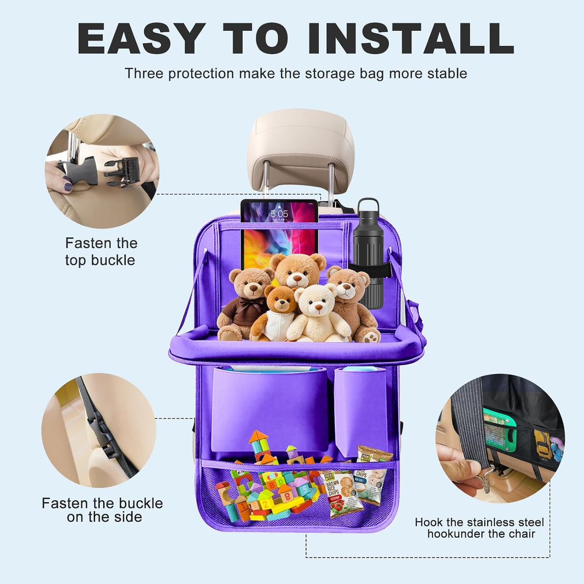 2 Pack Car Backseat Organizer with Foldable Table Tray Purple