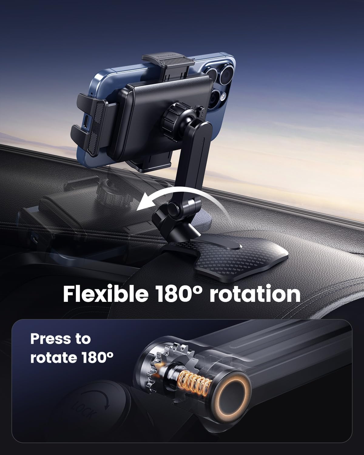 Dashboard Car Phone Holder Mount with Anti-Drop Clip - 360° Rotation Multifunctional Cell Phone Holder Car for iPhone, Samsung, Google and 4-7" Cellphones