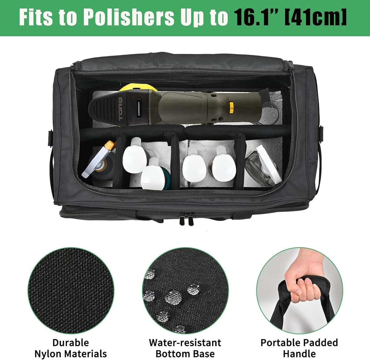 Large Car Detailing Bag, Cleaning Caddy with Lid and Handle for Auto Detailing Supplies, Car Cleaning Storage Trunk Organizer for Polisher and Vehicle Wash Tools, Black
