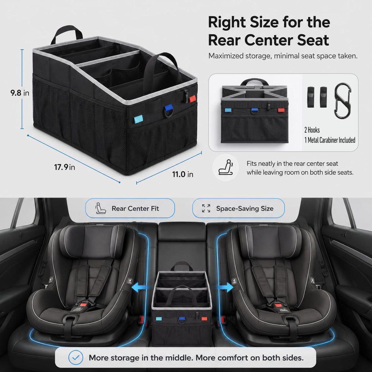 Car Seat Organizer Front/Back with Tactical Hooks & Cup Holders