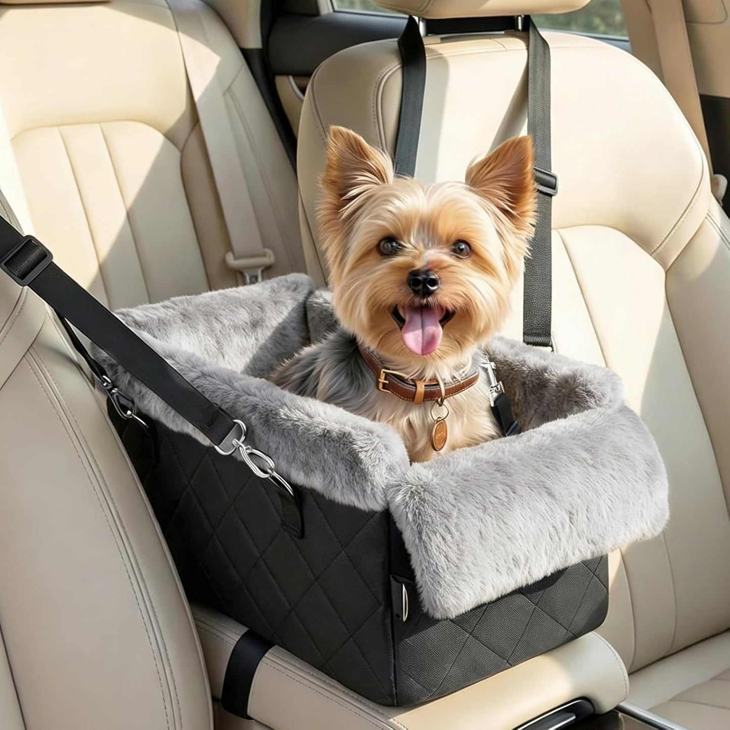 Center Console Dog Car Seat,Dog Car Seats for Small Dogs with Non-Slip and Strong Support,Anti-Collapse Portable Pet Bed for Puppies with Soft Cushion Safety Belt, Small Dogs, Cats Under 12 LBS, Black