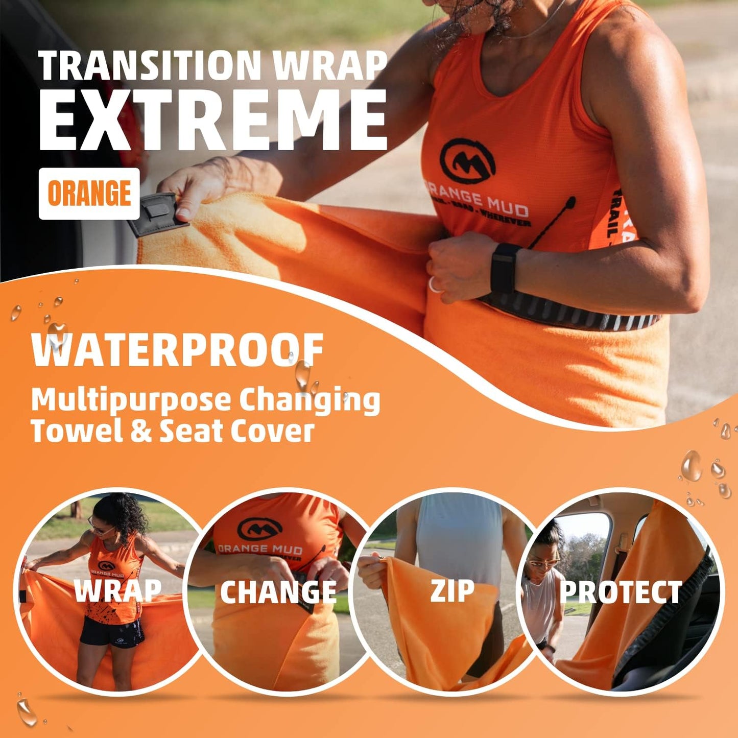 Orange Mud Transition Wrap Extreme – Orange Waterproof Car Seat Cover & Changing Towel – Secure Wrap for Athletes, Runners, Cyclists, Triathletes – Sweat-Proof, Quick-Dry, No-Slip Fit