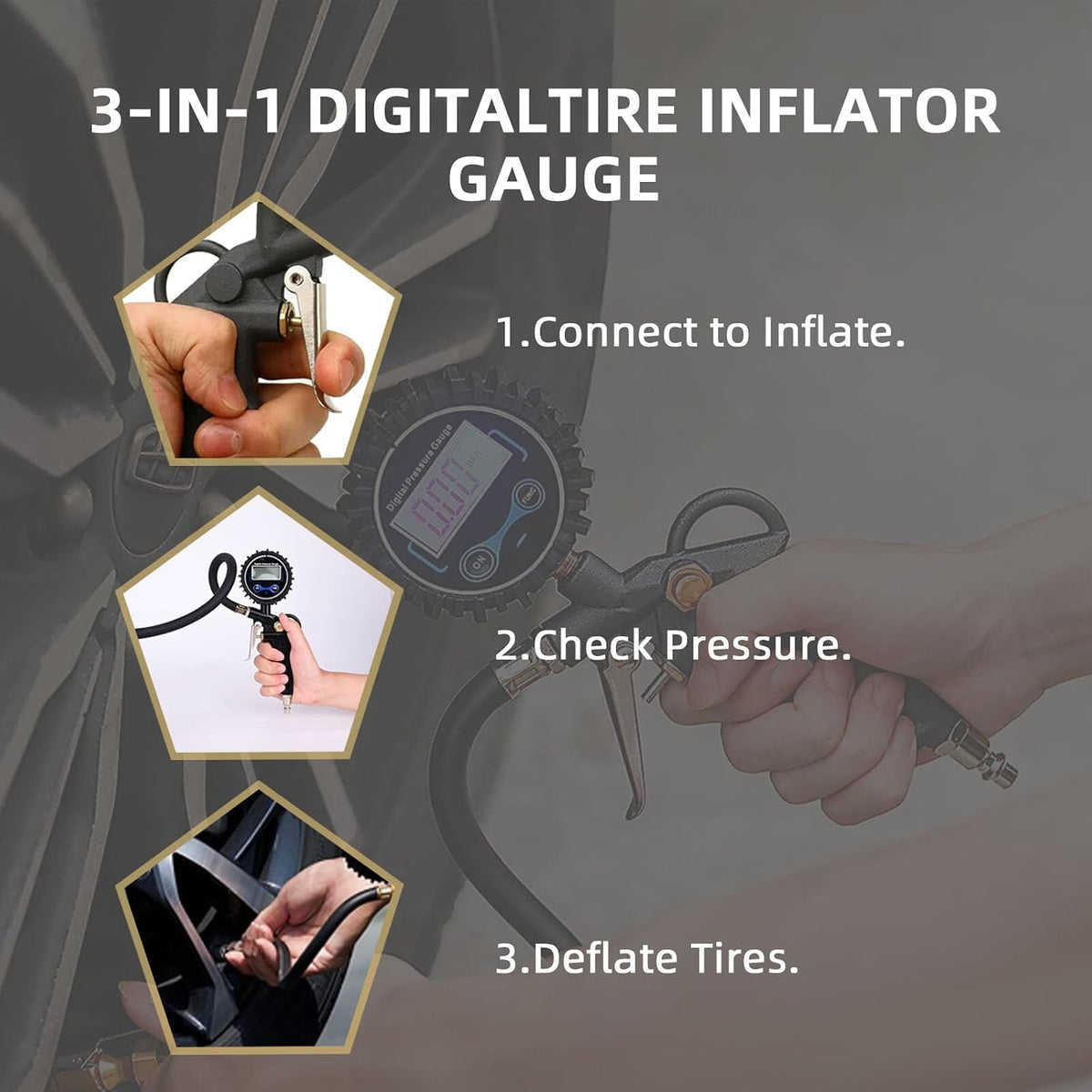 Tire Pressure Gauge with Inflator, 250 PSI Air Chuck and Compressor Accessory, Heavy Duty, with Quick Connector, 0.1 Display Resolution, Car, Motorcycle, SUV, Truck, RV Accessory