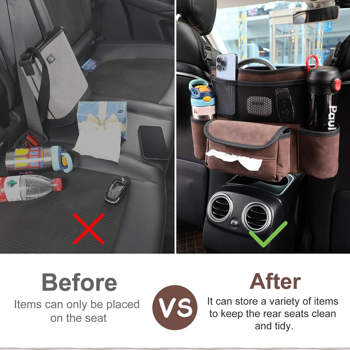 Leather Car Seat Organizer for Handbag/Purse – Fits Between Front Seats, Holds Wallet, Phone & Essentials. (Modle A/Brown)