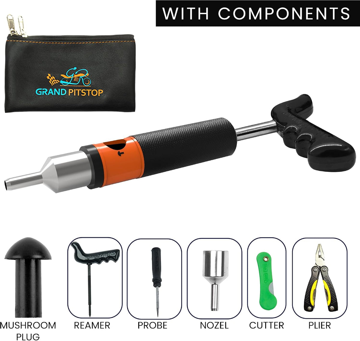 GRAND PITSTOP 21 Pcs Tubeless Tire Plugger Repair Kit with Multi-funcional Plier for Punctures and Flats on Cars, Motorcycles, ATV, RV, SUV, Trailer, Trucks & Tractors (15 Mushroom Plugs)
