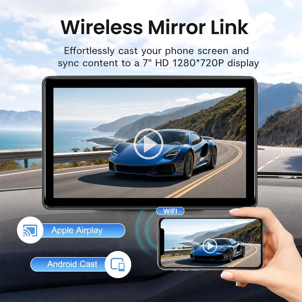 Wireless Carplay Screen for Car, 7'' HD 1280 * 720 Portable Touchscreen Car Stereo for Apple CarPlay and Android Auto with Mirror Link, Bluetooth, TPMS, FM Transmitter for All Vehicle