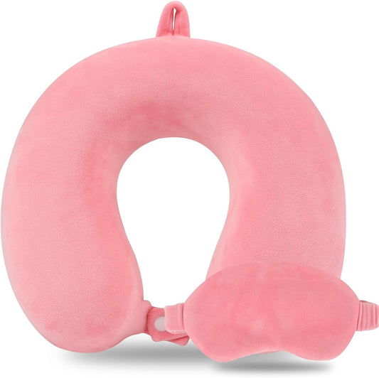 Pure Memory Foam Travel Pillow Set for Adults - Comfortable & Removable Machine Washable Cover, Neck Support Pillow Airplane Travel Kit with Eye Mask for Portable Plane Accessories - Peach Pink