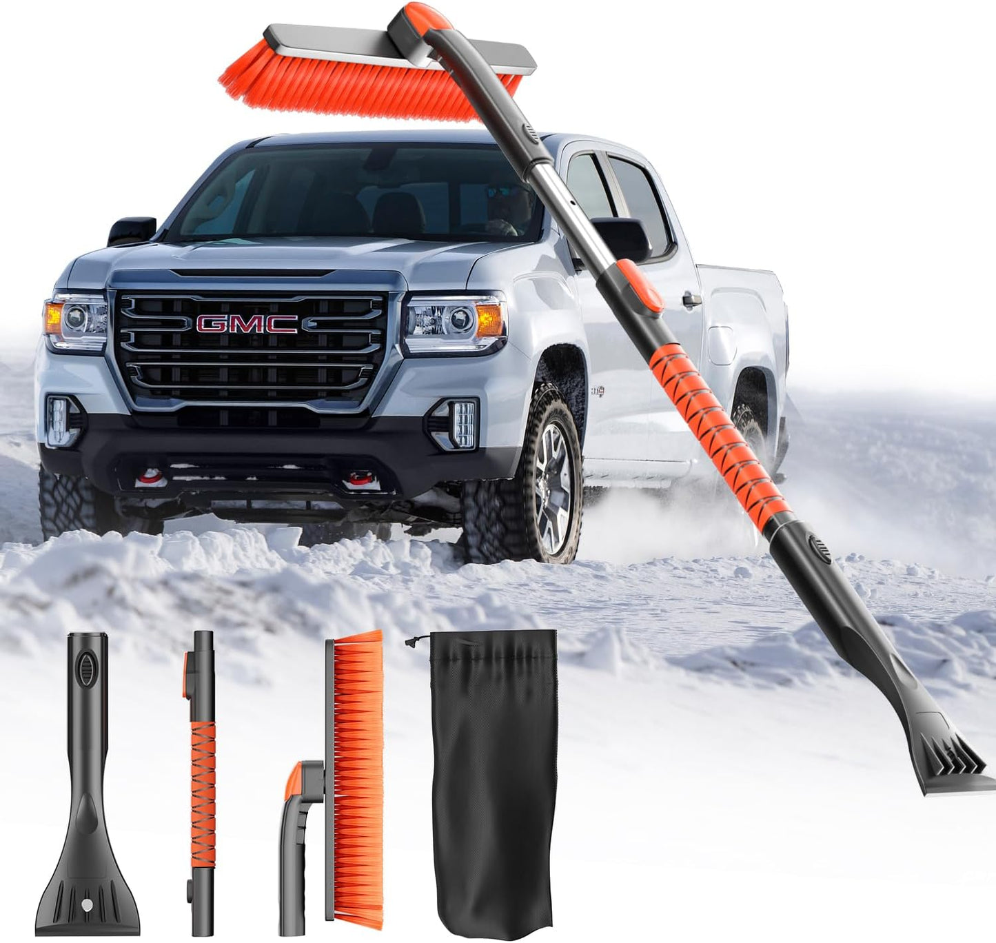 DooGooCoo [Upgrade] Ice Scraper &amp; Extendable Snow Brush for Car Windshield [Military-Grade Sturdy] - 360° Pivoting Brush Head with Silicone Grip for Effortless One-Swipe Clean on Auto (Large)