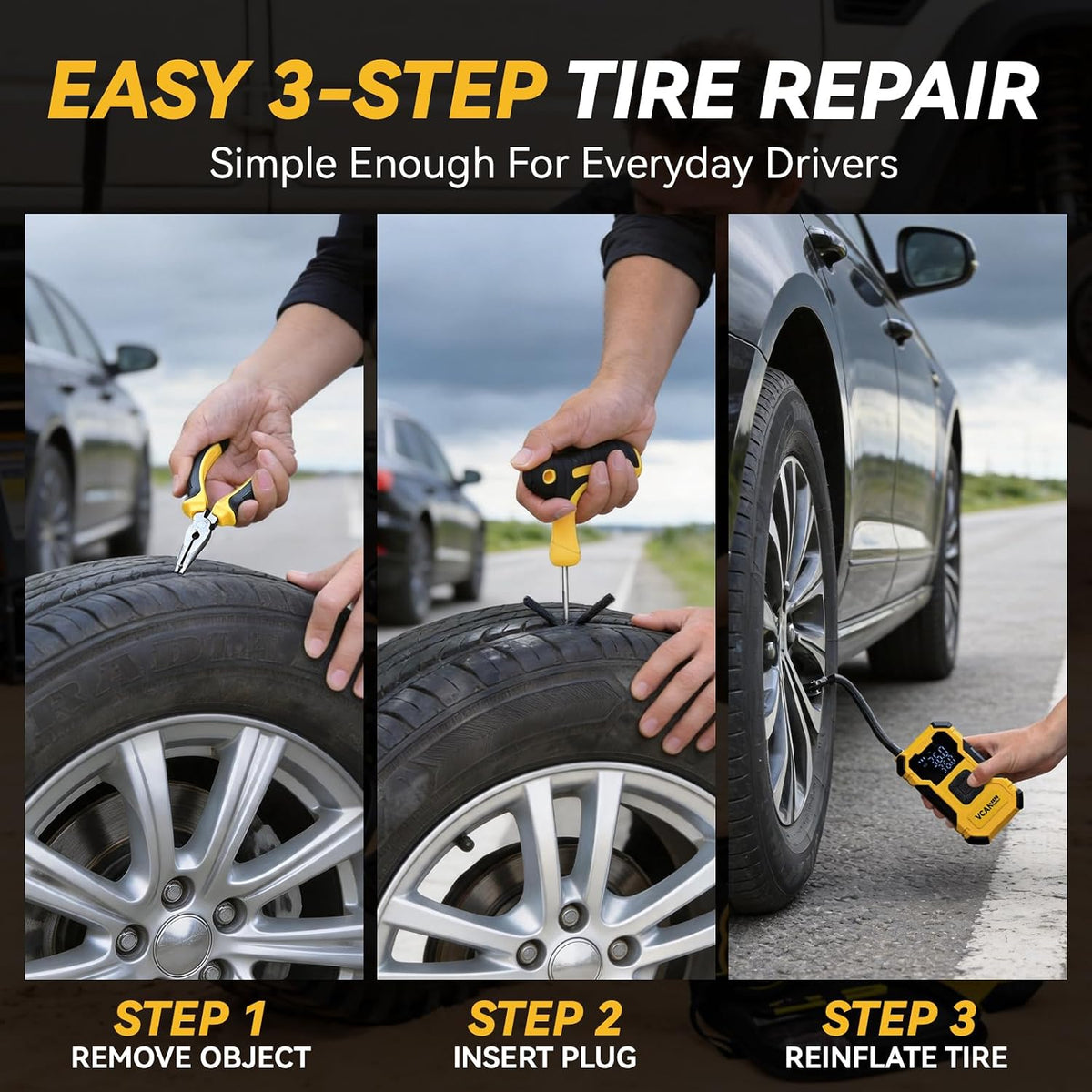 Flat Tire Repair Kit with Air Compressor, 150PSI Portable Air Pump with Auto-Stop & LED, Heavy Duty Tire Plug Kit for Car, SUV, Truck, Jeep, Motorcycle, Roadside Emergency Assistance (YELLOW)