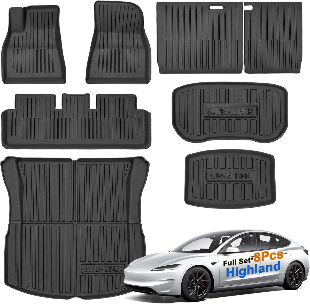 SUPER LINER Tesla Model 3 Floor Mats 2024-2026 2027 All-Weather 8-Pcs Set