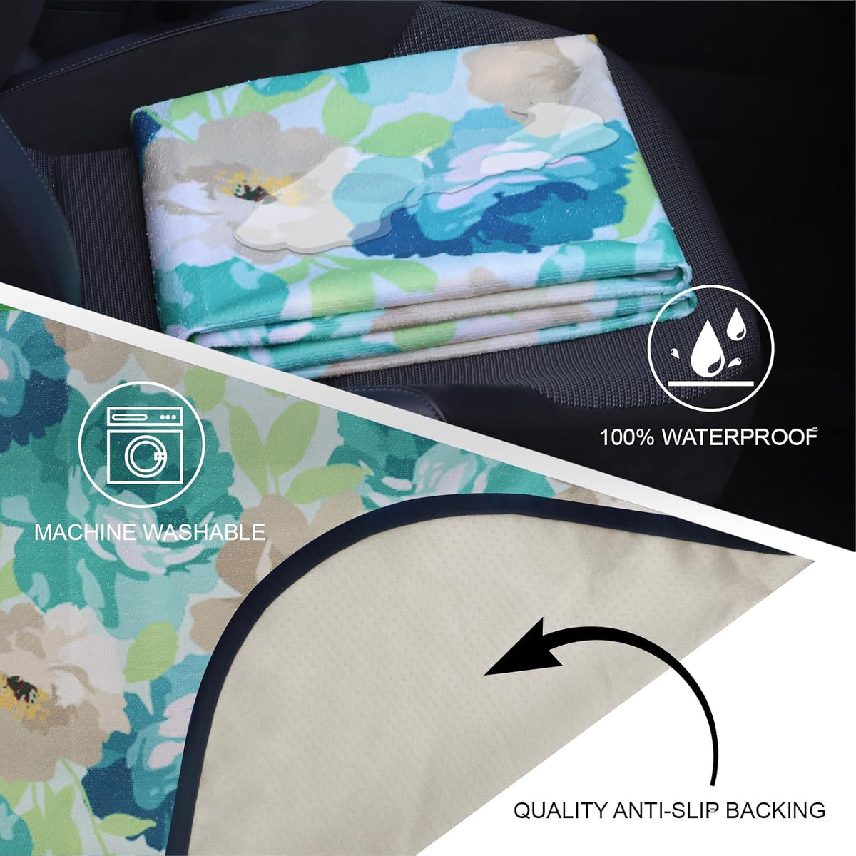 Sweat Towel Car Seat Cover Protector Front Seats for Gym Workout, Running, Swimming, Beach and Hiking, Waterproof Universal Seat Cover for Car, Trucks, Van & SUV (1, Cyan Flower, Rear Seat)