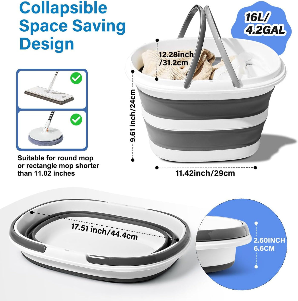 Lesipee Collapsible Bucket 16L with Handles, Foldable Silicone Mop Bucket Space Saving Tub for Laundry, Camping, Beach & Pool Party Ice Bucket, Portable Wash Basin for Home, Car & Outdoor, 4.2 Gallon