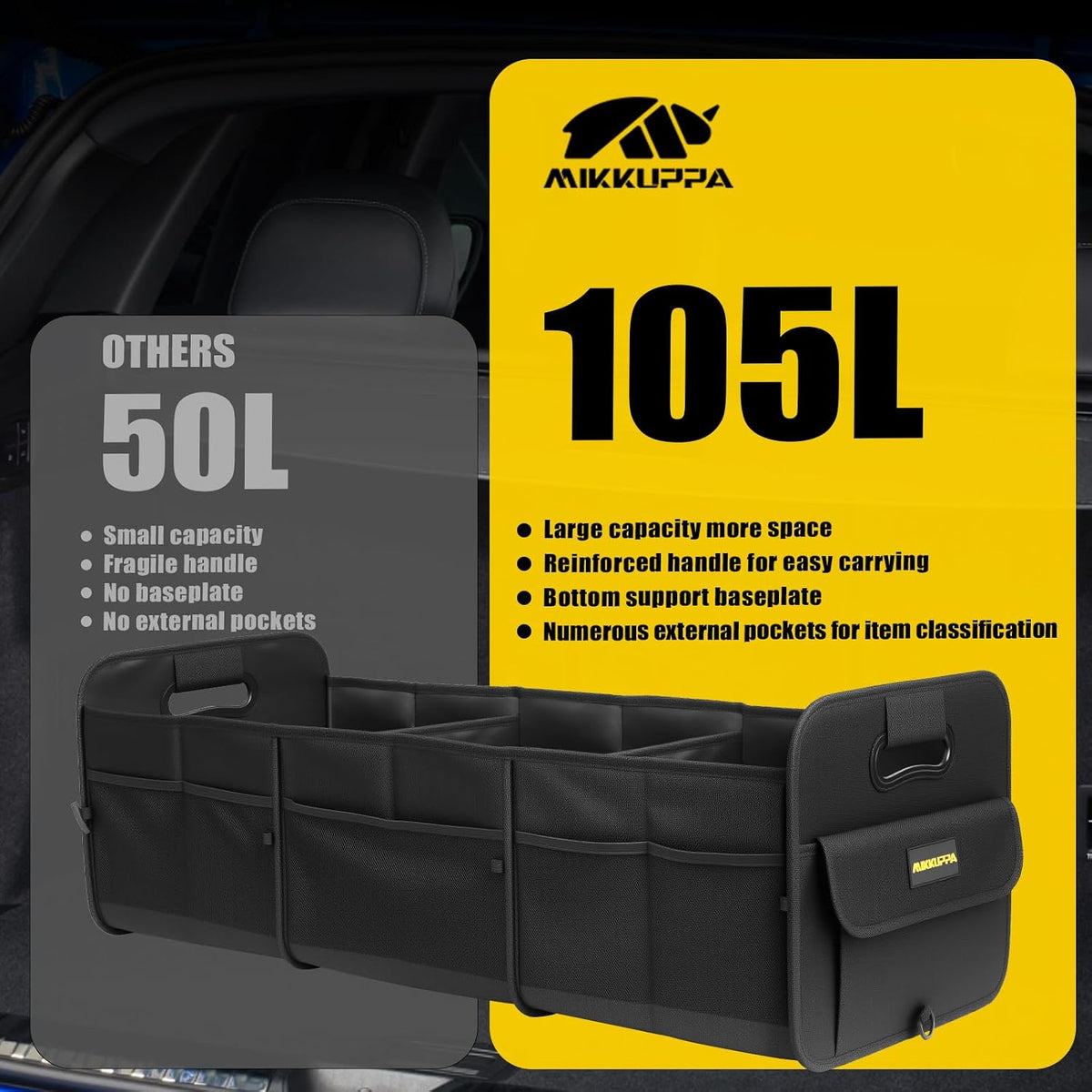 MIKKUPPA Car Trunk Organizer - 105L Collapsible SUV Trunk Organizer, Black