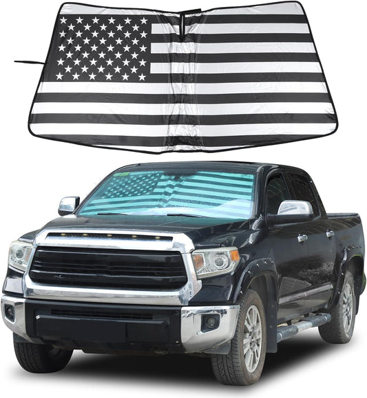 Windshield Sunshade Fit for Toyota Tundra 2007-2021, Folding Car Sun Shade for Front Window, Auto Sun Protection Visors Blocks UV Rays and Keeps Vehicle Cool, American Flag Pattern