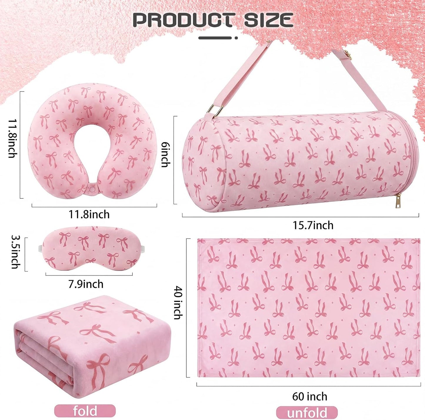 Moukeren 4 Pcs Pink Bow Travel Pillow and Blanket Set Memory Foam Neck Pillow Flannel Blanket Eye Mask Pink Bow Storage Bag for Airplane Essentials Car Train Travel for Girls Women Sleeping