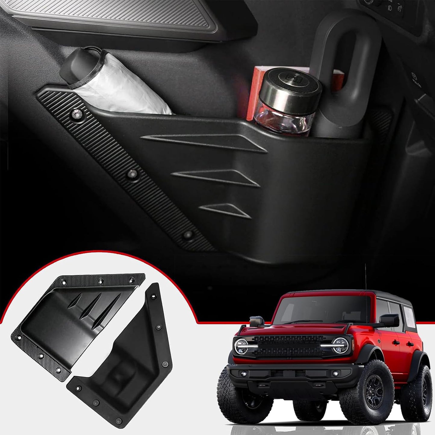 Mabett Front Door Storage Pockets for Ford Bronco Accessories 2026 2021-2025, Side Door Organizer Box fit Bronco 2/4-Door, Insert Cup Holder(2PCS)