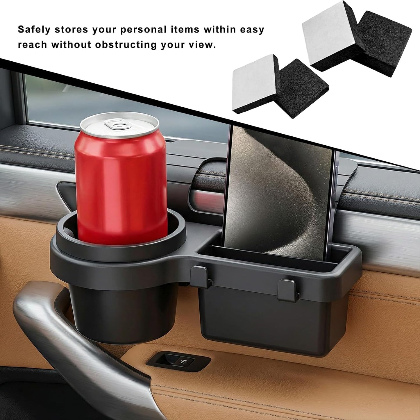 Car Window Multifunctional Storage Organizer, Auto Door Side Hanging Organizer w/Cup Holder & Hooks, Vehicle Window Mount Storage Rack w/Foam Pads for Cell Phone Key Bottle