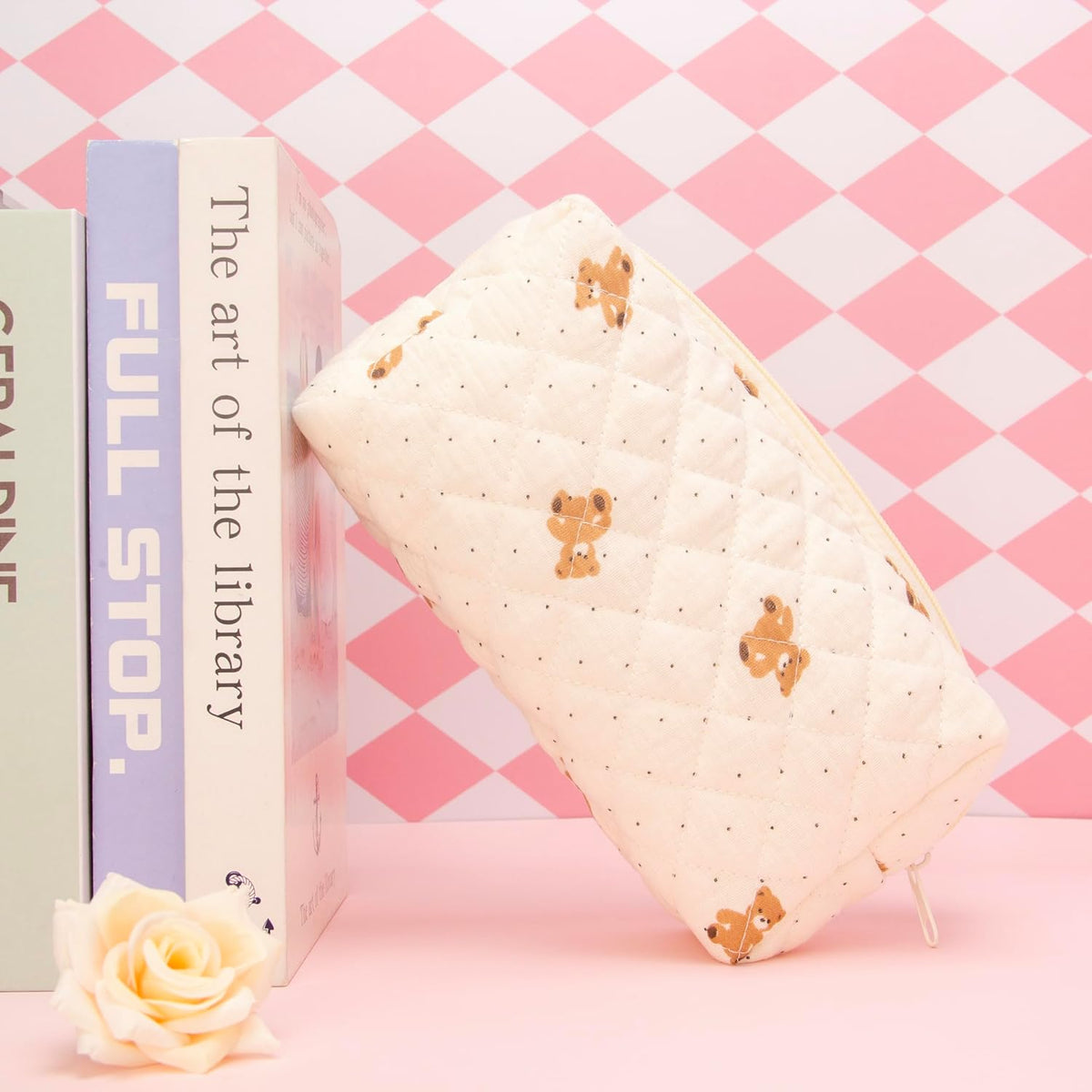 PAZIMIIK Small Quilted Makeup Bag,Zipper Cosmetic Pouch,Gauze Bear,6 Pack