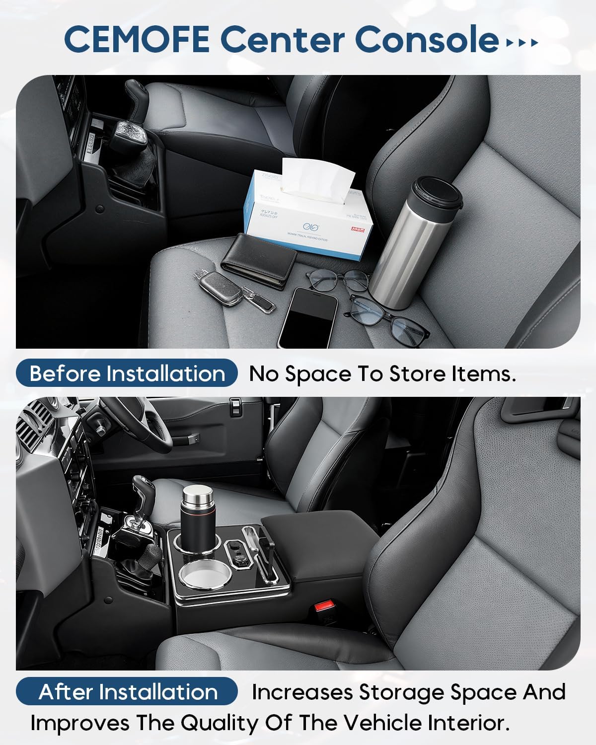 Center Console Organizer, Bench Seat Center Console with Fast Phone Charging & Cup Holders, Automotive Center Storage Box Upgraded 7-Color Adjustable LED Lighting for Car Minivan Van Truck
