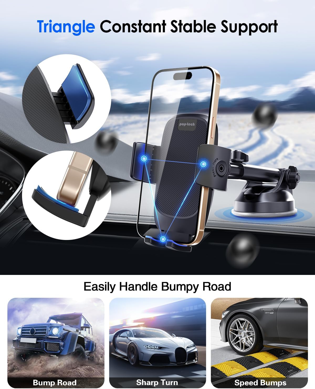 pop-tech Phone Mount for Car, [Military-Grade Suction] Universal Cell Phone Holder for Your Car Dashboard Windshield Window, Automobile Cradle Fit for iPhone Samsung All Smartphones with Thick Case
