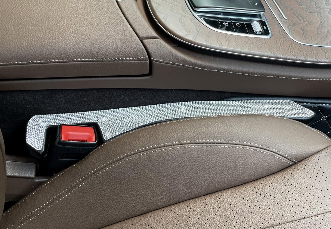 2 Pack Sparkly Diamond Car Seat Gap Filler Universal Gap Filler for Car SUV and Truck Fit Between Seats and Console Stop Things from Dropping (White)