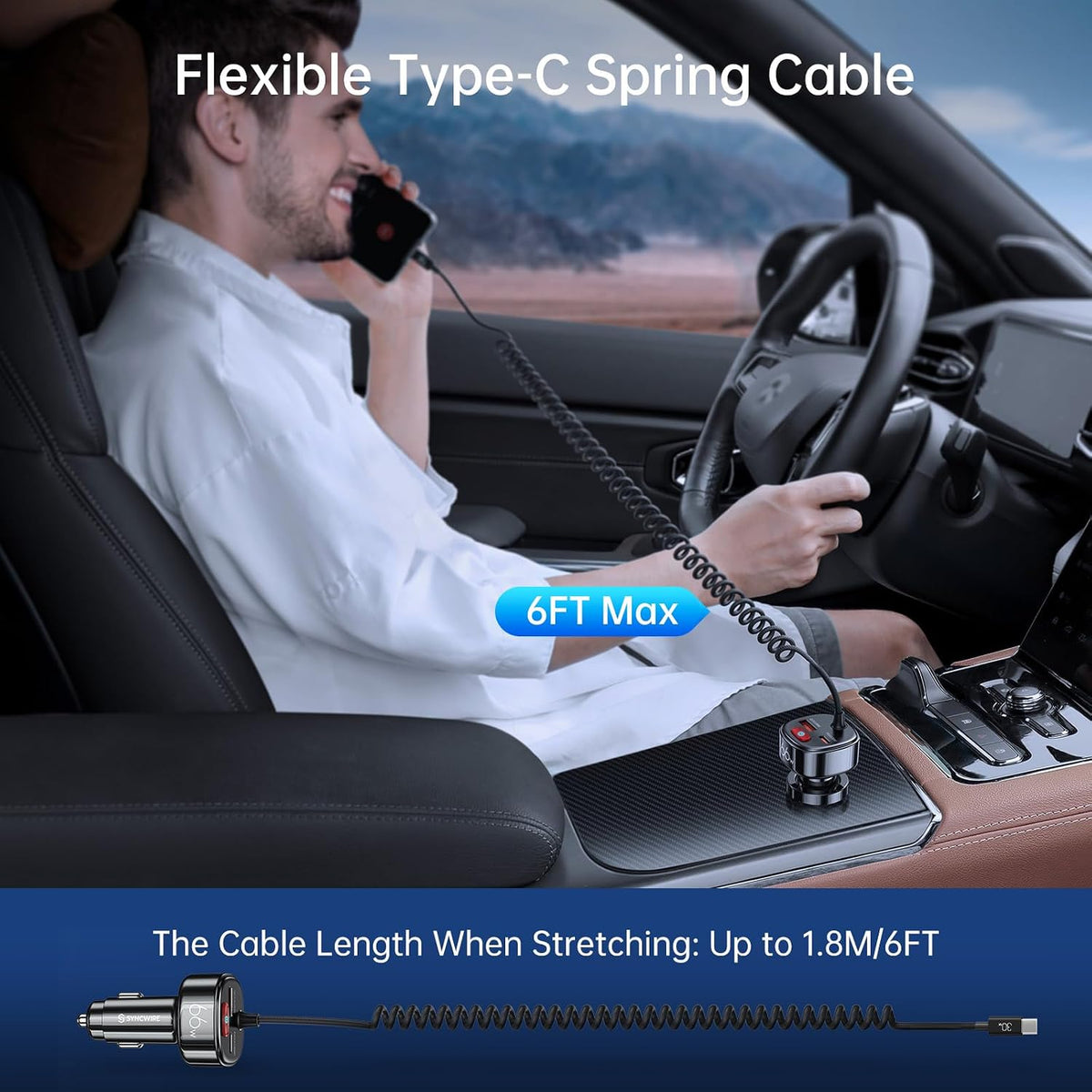 Syncwire USB C Car Charger 66W Super Fast Car Adapter with 6FT Coiled Cable
