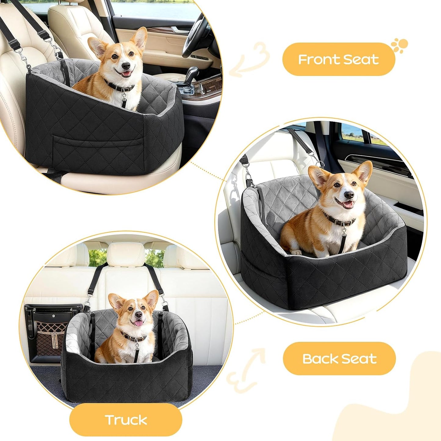 Dog Car Seat for Small Dogs Up to 30 Lbs, Pet Travel Safety Bed for Puppy Cat, Fits in Front/Back Seat, Anti Slip Base, Fully Detachable Washable with 2 Safety Tether(Grey-Black)