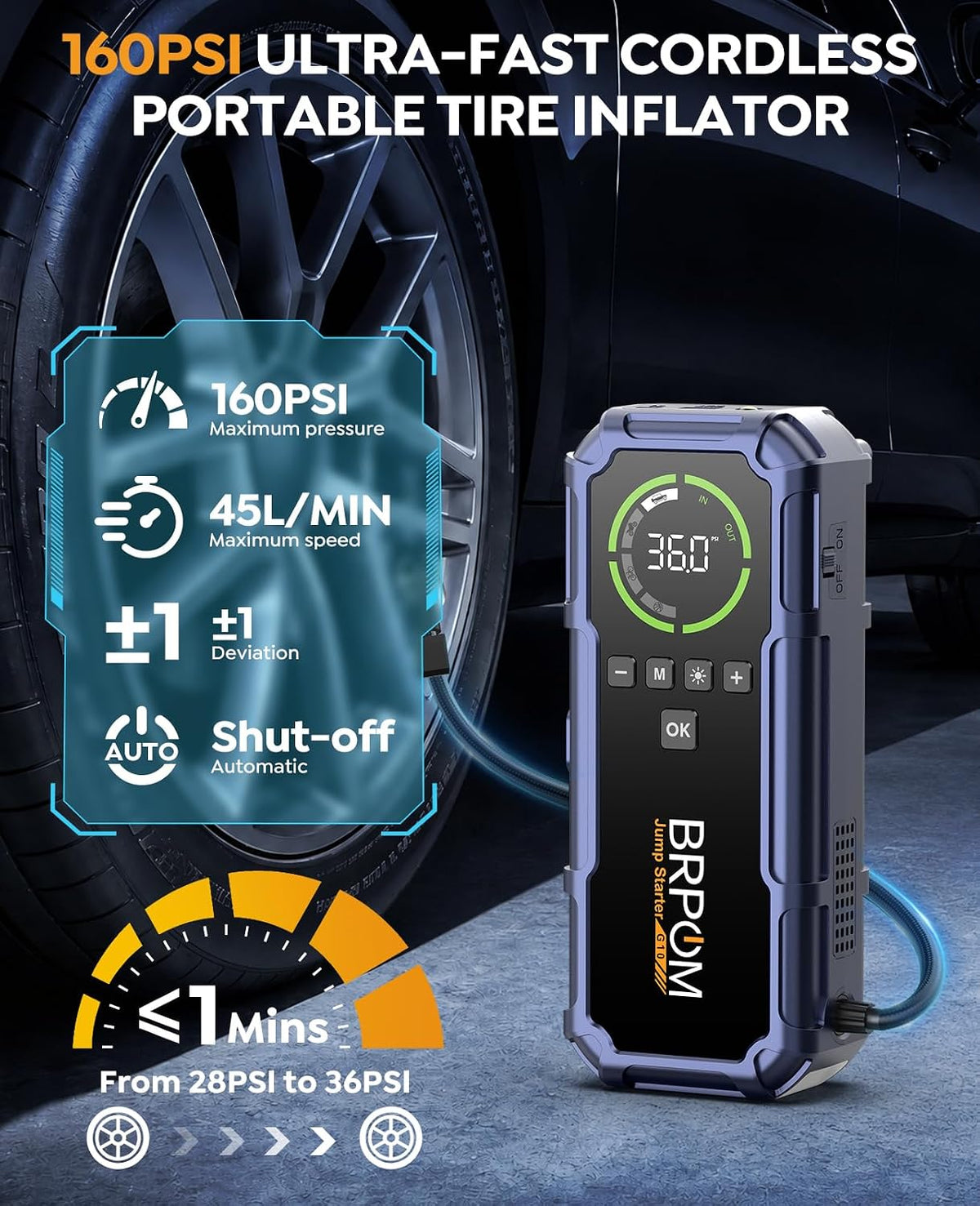 BRPOM 8000A Jump Starter with Air Compressor, 160 PSI Tire Inflator