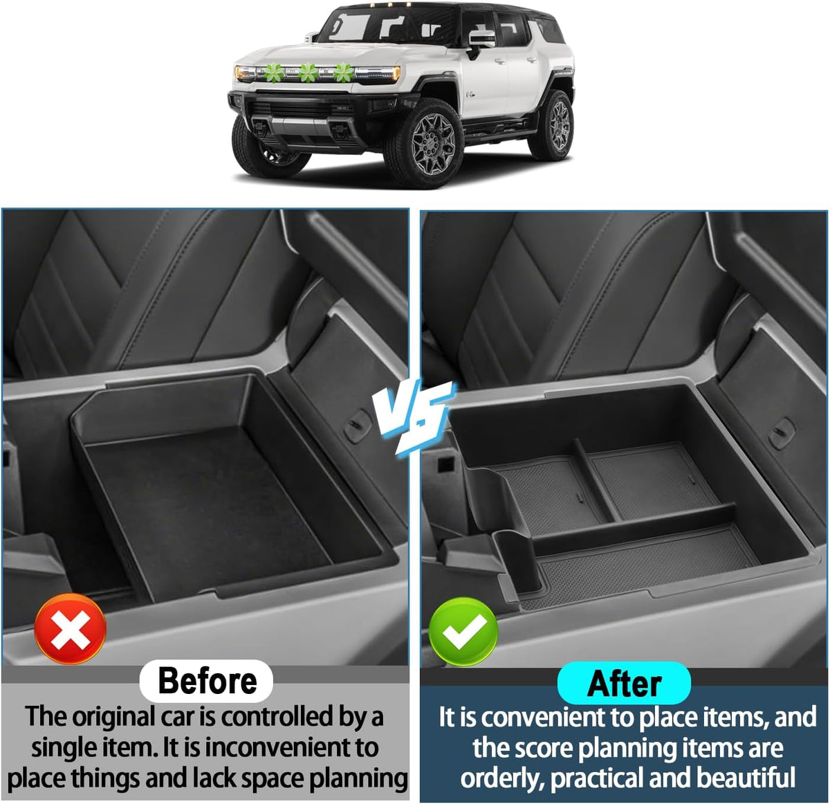 Ruiya 2022-2026 Hummer EV Center Console Organizer for GMC Hummer EV Accessories ABS Material Armrest Console Glove Tray Compatible with 2022 2023 2024 2025 2026 GMC Hummer EV Pickup/SUV