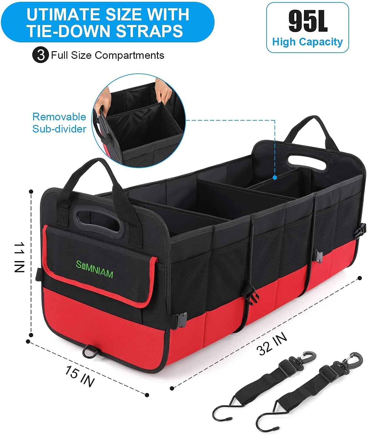 Simniam Large Trunk Organizer for Car, Foldable Multi Compartment Car Trunk Organizer with 2 Retractable Straps, Suitable for All Kinds of Cars, SUV, Minivan - 4 Compartments Red