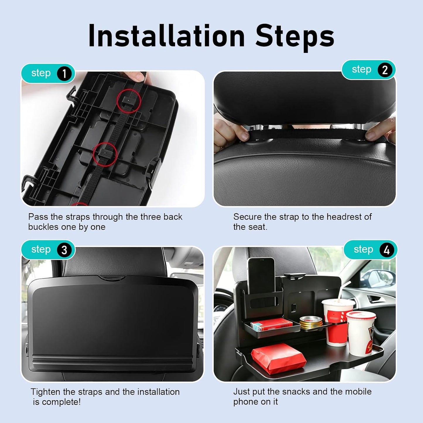 Car Food Tray Holder, Multifunctional Foldable Car Backseat Travel Tray, 13.38" x 7.87" Back Headrest Seat Eating Food Trays, for Food, Meal, Snack, Drinks (Black)