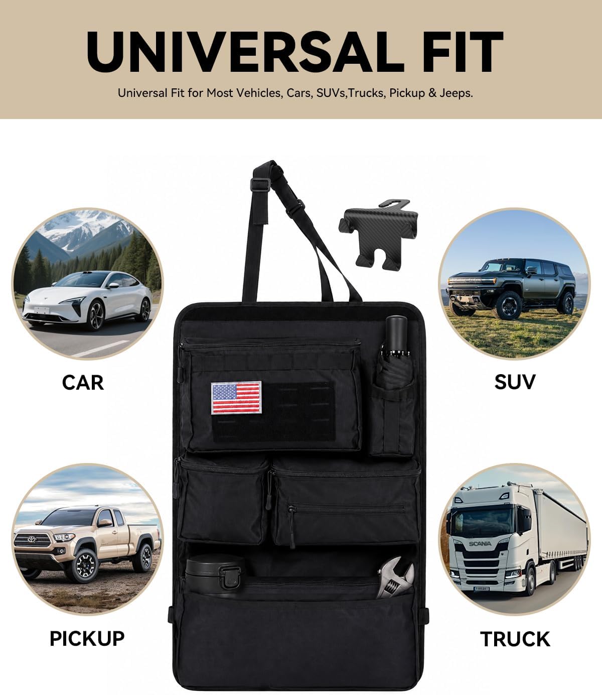 Tactical Car Seat Back Organizer Kit, MOLLE Vehicle Seat Organizer with Storage Panel, Strap, Hooks & Trash Bags, Universal Car Accessories for Truck SUV Jeep Interior Storage Organizer