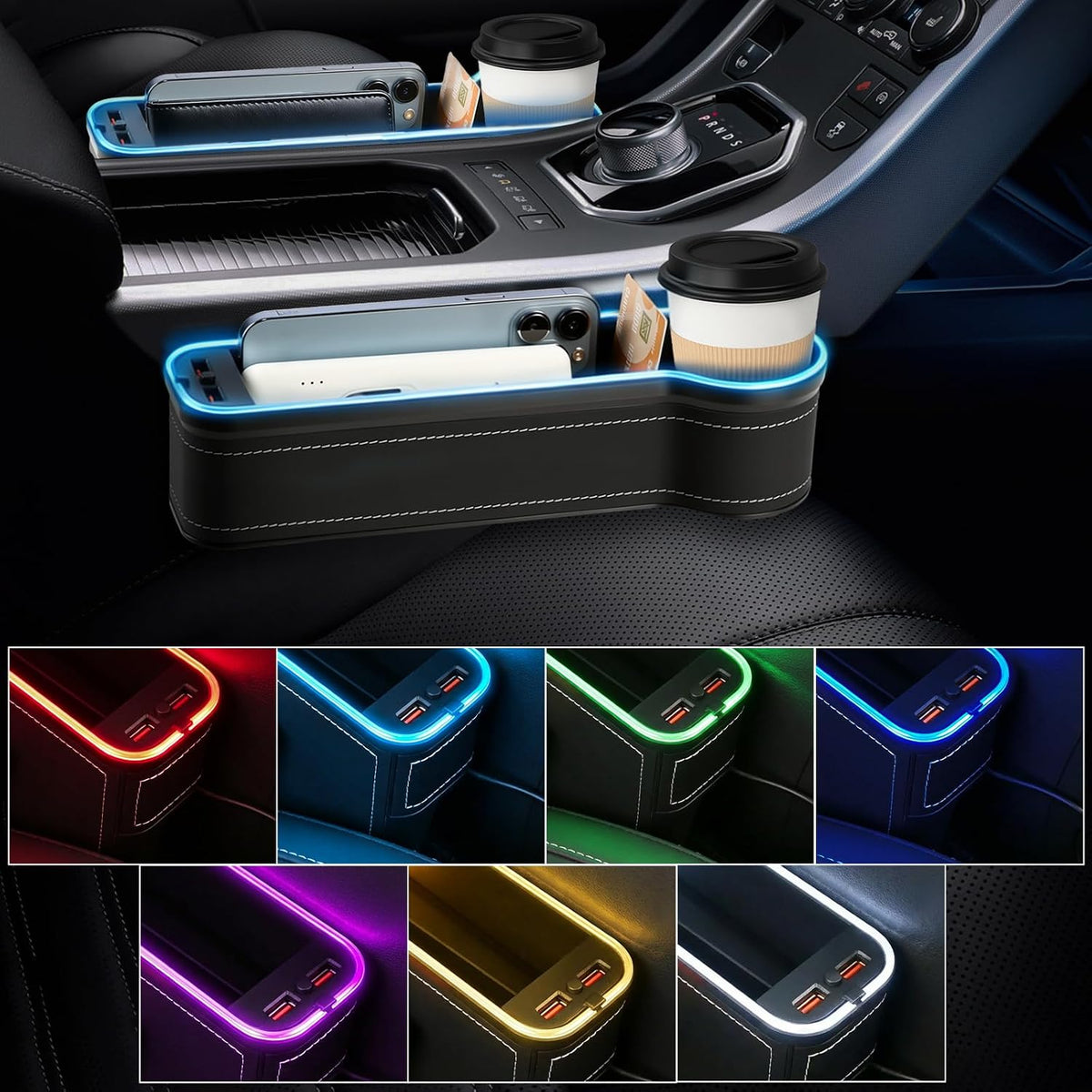 2 Pack Car Gap Filler Organizer with Charger Upgrade LED Seat Gap Organizer Box with Cup Holder Card Slot Larger Storage Space Reducing Item Loss